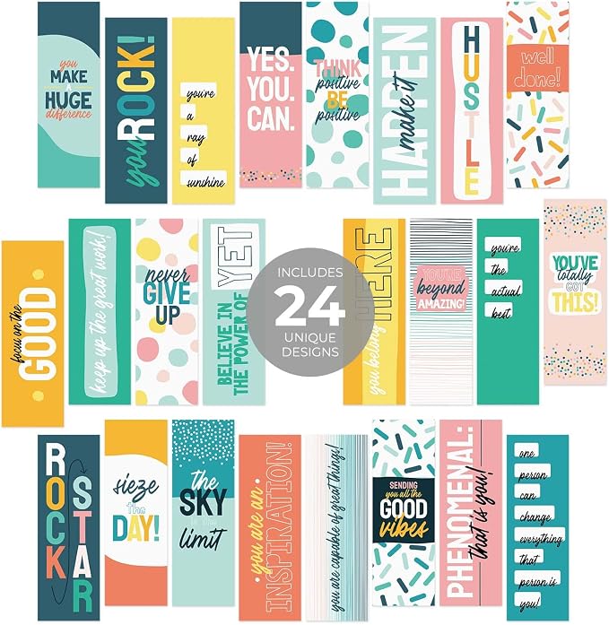 Modern Appreciation Bookmarks / 24 Uplifting Motivational Quotemarks Bulk Set / 2" x 6" Paper Bright Inspirational Affirmation Teen Bookmark Pack/Made in The USA