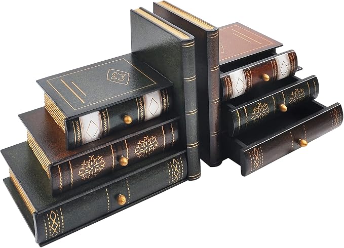 Vintage Wooden Bookends with Drawers – Decorative False Book Shelf Organizer for Home, Office, or Library (311)