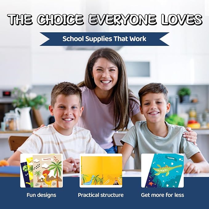 8 School Folders - Cute Pocket Folders with 8 Unique Dinosaur Designs in Front, Back Cover and Inside - Kids Pocket Folders - Homework Folders - Dinosaur Folders - 12 x 9.25 Inches (Pack of 8)