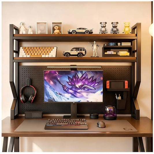 Desktop Hutch Bookshelf,Many Gifts,Metal Desktop Bookcase with pegboard, Desk Shelf Brown, Countertop Storage Organizer Rack for Dorm or Office,Desktop Shelves (Natural+Black, 53.1" Lx9.9 Wx39 H)