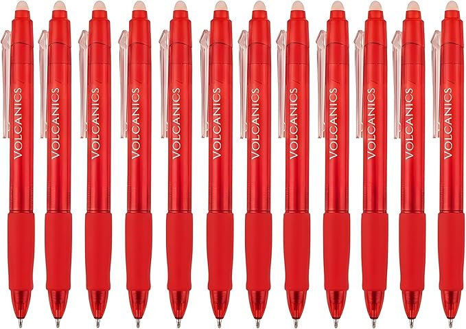 Volcanics Erasable Gel Pens Red Ink, 12 Pack Retractable Clicker Gel Ink Pen, 0.7mm,Fine Point Smooth Writing for Office Work Journaling