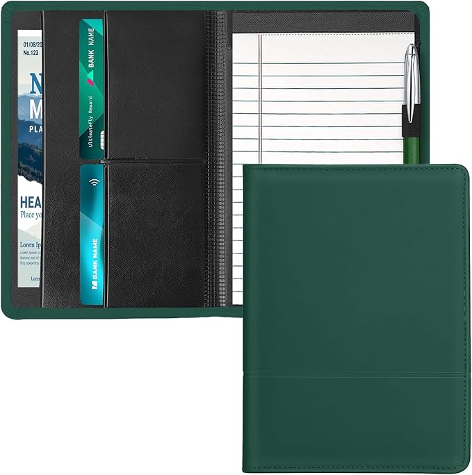 A5 Padfolio Business Portfolio Folder,Junior Size Document Folder Organizer, Padfolio with Interior Pocket and Pen Loop, 5 x 8 Writing Pad Included, Dark Green