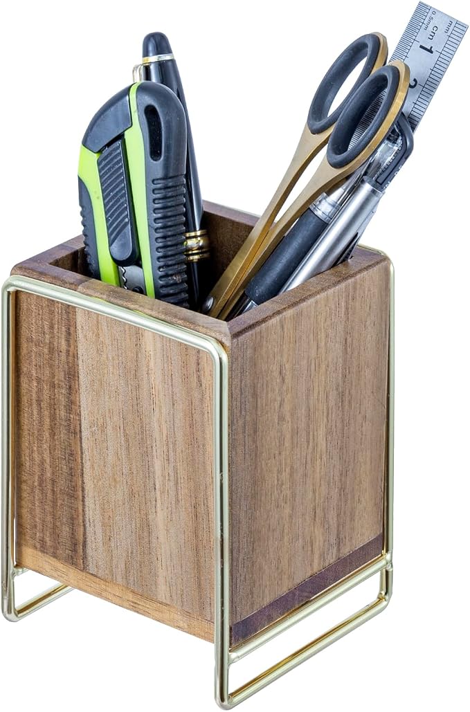 MyGift 3 Inch Modern Premium Solid Acacia Wood and Brass Tone Metal Wire Desktop Pencil Cup, Wooden Tabletop Pen Holder, Office Desk Stationery