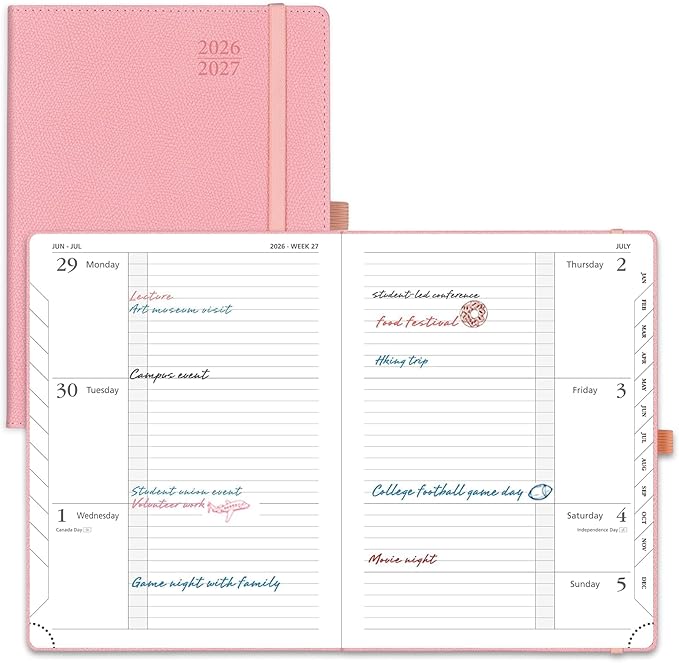 POPRUN Planner 2026-2027 (Medium 6.75"x 8.75"), Horizontal Weekly Notebook Jul.2026 - Jun.2027, Academic Appointment Book with Monthly Tabs, Leather Hardcover, 100 GSM - Soft Pink