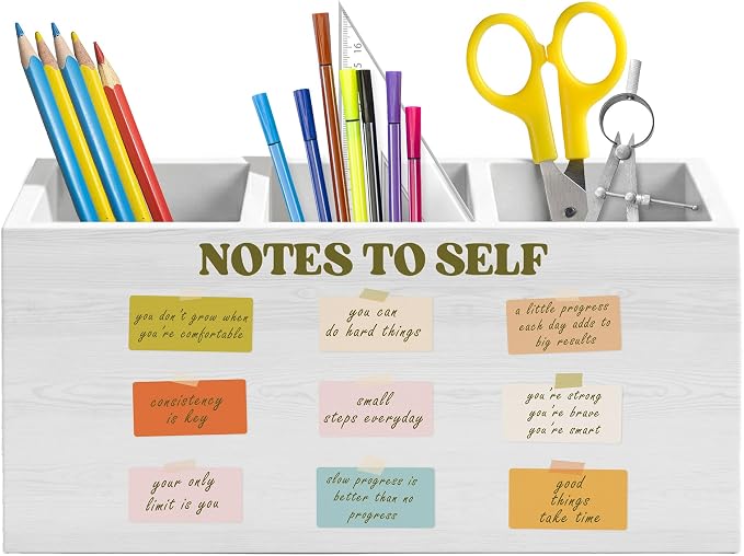 Mental Health Inspirational Pen Holder for Desk, Therapy Office Decor, Note To Self Positive Affirmations Wooden Box Pencil Pen Organizer for Home Office Desk Tabletop