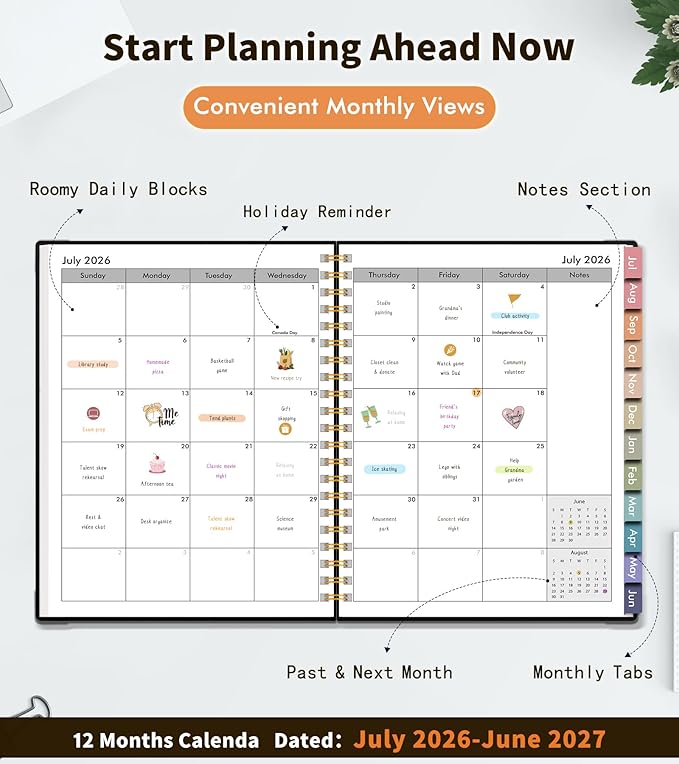 Academic Planner 2026-2027, Weekly and Monthly Calendar Planner from July 2026 - June 2027, 8.5" x 11" A4 Large Daily Agenda Book with Tabs, Flexible Cover, College School Organizer for Student Teacher, Black