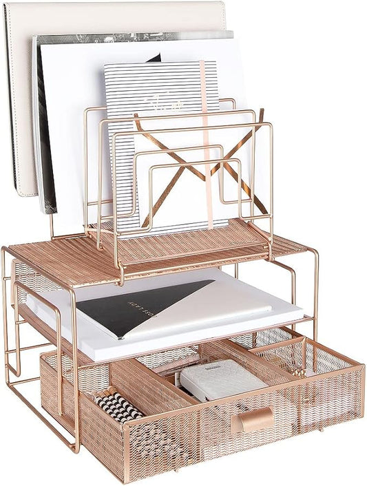 BLU MONACO Rose Gold Desk Organizer with Drawer | Metal Mesh Desktop Rack with File Sorters & Paper Storage | Space-Saving Workspace Organizer for Home Office, Cubicle, Kitchen or Dorm