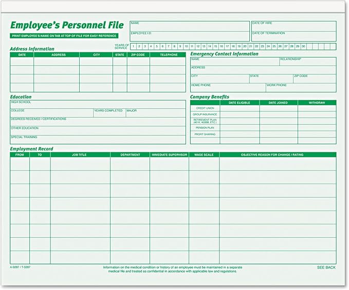 TOPS 3287 Employee Record File Folders, Straight Cut, Letter, 2-Sided, Green Ink (Pack of 20)