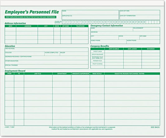 TOPS 3287 Employee Record File Folders, Straight Cut, Letter, 2-Sided, Green Ink (Pack of 20)
