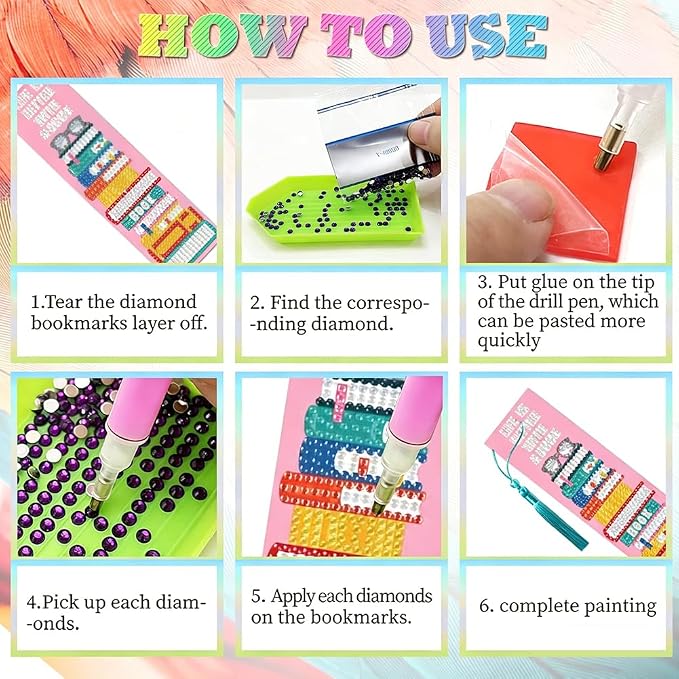 6Pcs Reading 5D Diamond Art Bookmarks Shelves Books Motivational Diamond DIY Painting Bookmarks Rhinestones Beaded Acrylic Tassel Bookmark for Adult Beginner Crafts