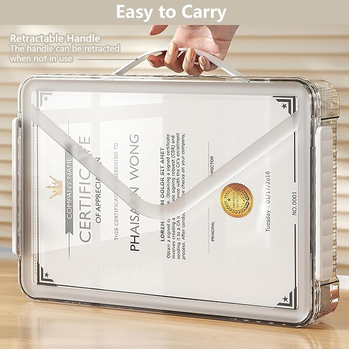 Clear Storage Boxes with Lid - A4 Transparent Paper Storage Organiser with Handle and Portable Project Case Drawer Organizer for Storing Certificates, Photos, Scrapbook, Toys, and Invoices