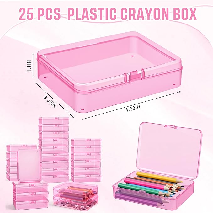 Dunzoom 25 Pcs Plastic Crayon Boxes with Lids, 4.53 x 3.35 x 1.1 Inches Stackable Small Storage Organizer Containers Crayon Pencil Case for Art Crafts Jewelry Beads Office Supplies(Pink)
