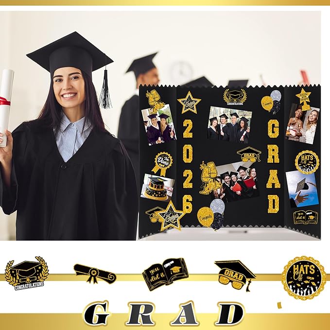 AmazingSpark 4 Sets Graduation Photo Display Board Trifold Poster Board with 12 Graduation Themed Stickers for 2026 Grad Party Decoration Picture Collage Frame Supplies (24 x 16,Black Gold)