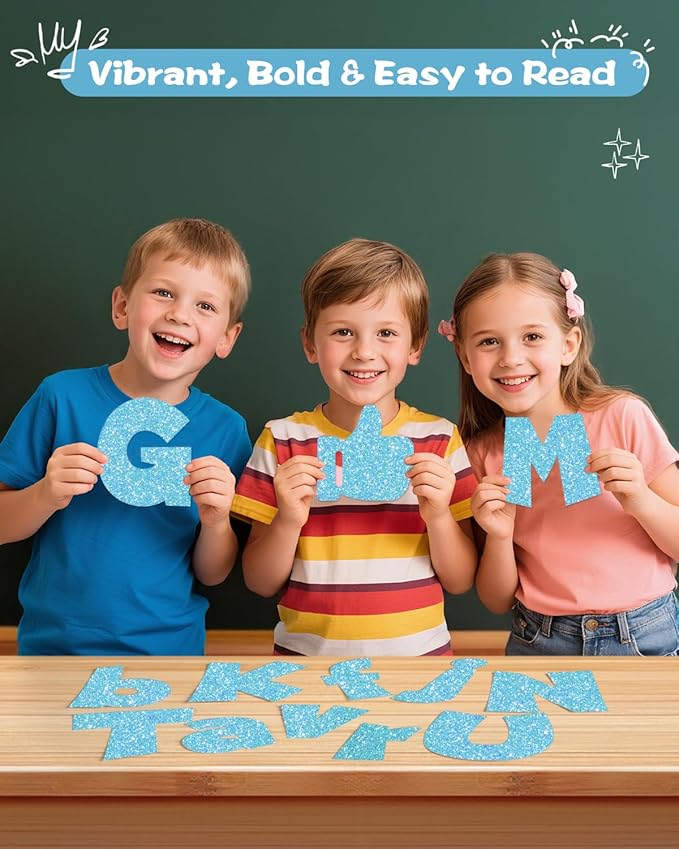249 Pcs Glitter Bulletin Board Letters Numbers and Punctuation, 4 Inch Alphabet Poster Board Cardboard Letter Cutouts with Adhesive Dots for Classroom Bulletin Board School Decorations (Light Blue)
