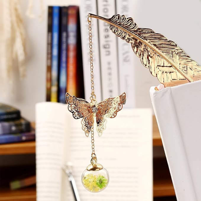 Teacher Retirement Gifts - Metal Feather Bookmark with 3D Butterfly & Real Dried Flower Pendant - Bookmark for Women & Book Lovers Under 10 Dollars - Gift Box Included