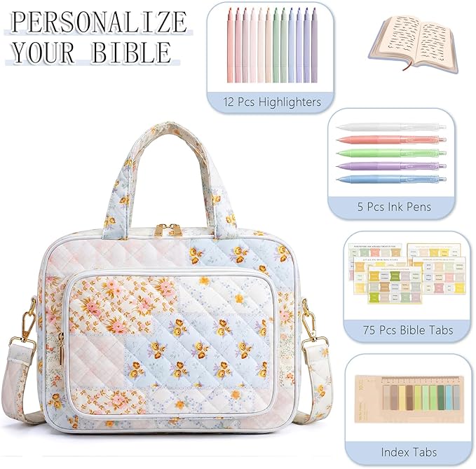 Bible Bag for Women, Large Bible Cover Case with Study Supplies,Girls Carrying Case with Highlighters, Pens, Bible Tabs, Sticky Notes, Christian Gifts for Girls, Mom, Easter Mothers Day Religious Gift