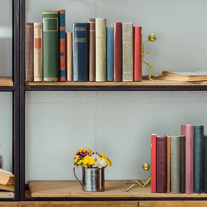 Ottimo Heavy Duty Metal Unique Office Desk Bookends for use as Bookshelf Decor, Home, Office or Kitchen Shelves. Unique, Cute and Decorative Book Stopper to Hold Books, Great Gift Idea (Gold)