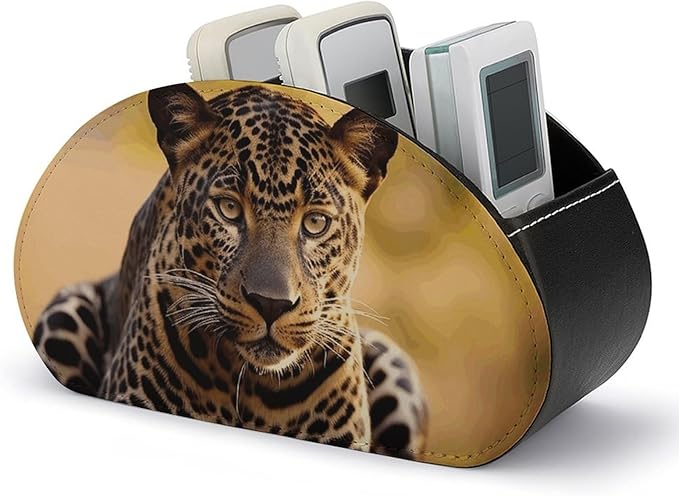 Leather Remote Control Holder with 5 Compartments TV Remote Caddy Storage Box Tray Africa Nature Leopard Desktop Organizer Makeup Brush Holder Store Glasses Brush Pen Office Supplies