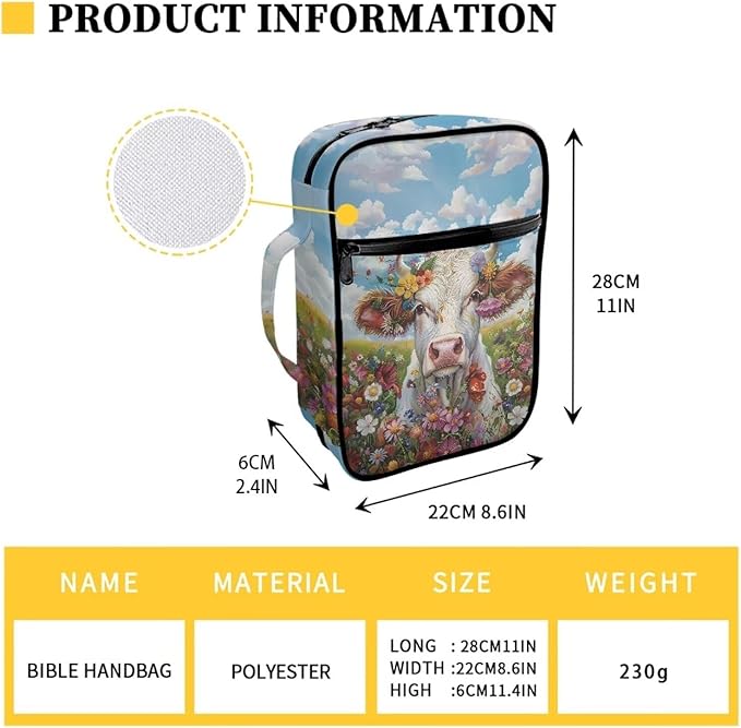 Suobstales Cow Daisy Flower Print Bible Covers for Women Men,Carrying Book Bible Case Church Bag Lightweight Bible Bag Bible Protective with Handle and Zippered Pocket