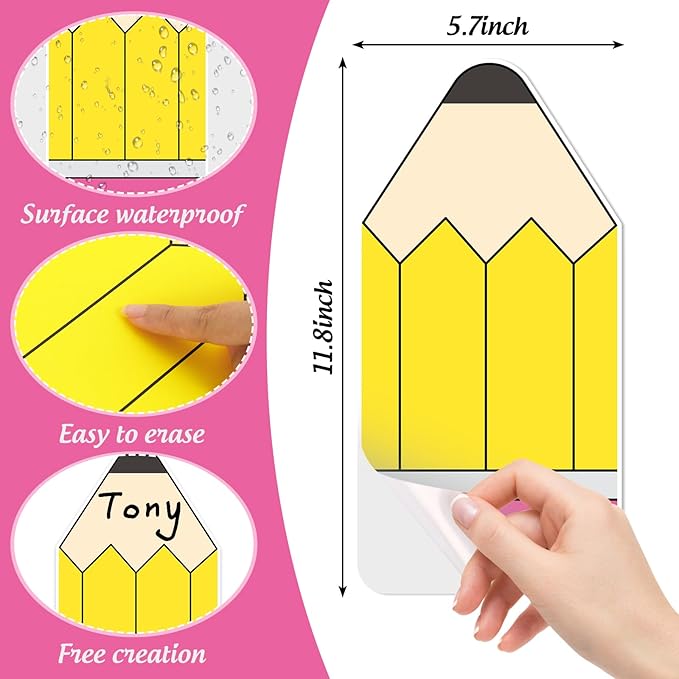 Whaline 12Pcs Pencil Dry Erase Dots Removeable Vinyl Sticker Spots Yellow Pink Pencil Shape Dry-Erase Board Stickers for Whiteboards Desks Wall Teaching Supplies