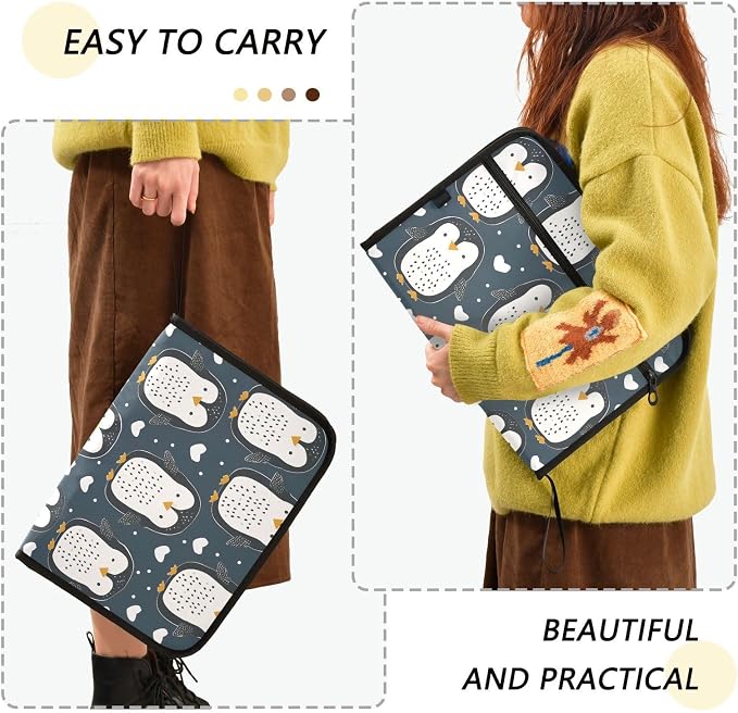 Expanding File Folder Cute Penguin Blue Accordion File Organizer 13 Pockets Document Organizer with Zipper Labels A4 Letter Office Storage