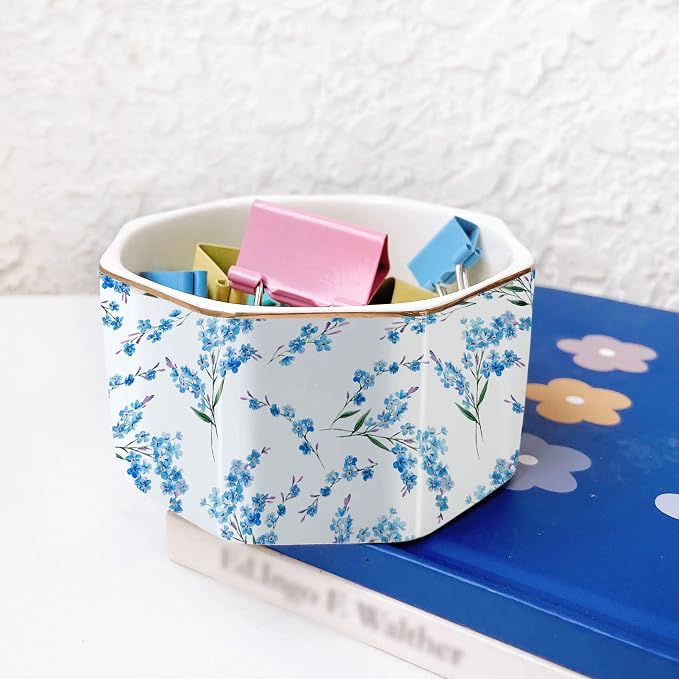 Ceramic Paper Clip Holder Gold Line Paper Clip Dispenser Organizer for Desk Cute Floral Pattern Office Binder Clip Holder Bobby Pin and Hair Clip Holder Gift for Office Blue Flowers