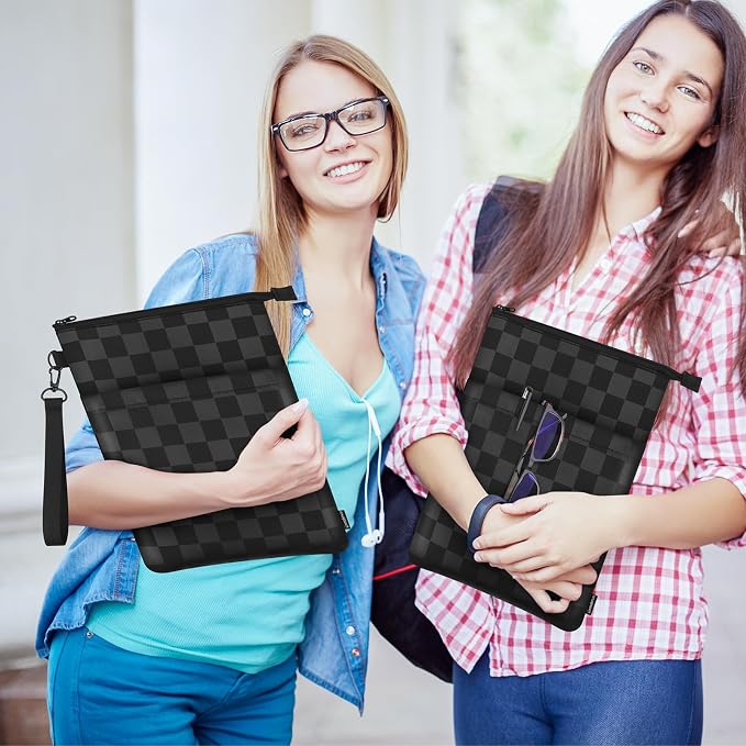 Book Sleeves with Zipper, Travel Book Protector Pouch for Paperbacks & Hardcover Books, Book Covers Bags Carry Case/Front Pocket & Handle Strap for Book Lovers Mother's Day (Black with Block, 1 Pc)
