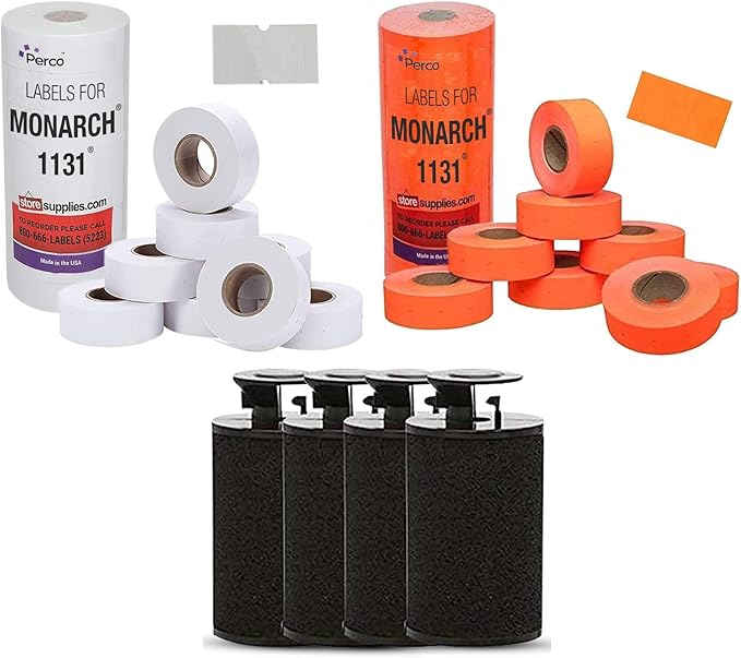 Perco White Pricing Labels for Monarch 1131 Price Gun - 1 Sleeve, 20,000 Blank Marking Labels Bundled w Monarch Ink Roll (Pack of 4) and Fluorescent Red Pricing Labels