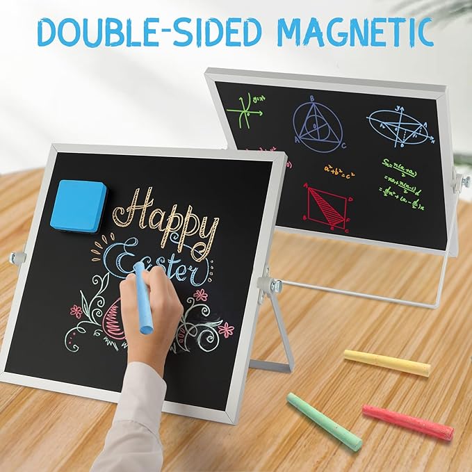 Small Magnetic Chalk Board Easel 10"X10", Double-Sided Tabletop & Wall Hanging Chalkboard with 4 Chalks & Eraser, Desktop Mini Black Board Sign for Office Desk Home Menu and School