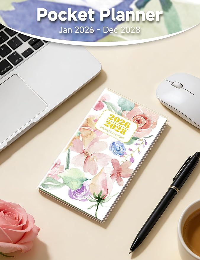 Pocket Calendar 2026-2028 Floral Series, Monthly Planner Jan 2026 to Jul 2028 (3.7" x 6.7") Perfect Purse Calendar, Pocket Agenda with Protective Plastic Sleeve-Multicolor Floral