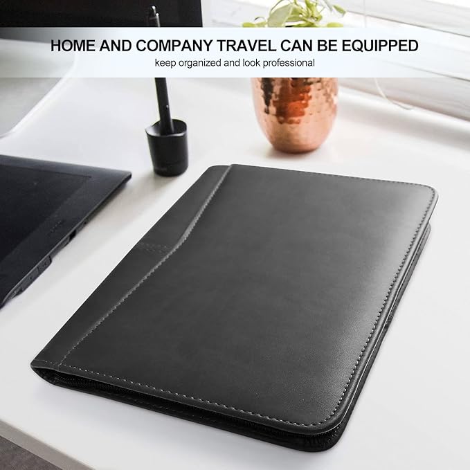 Godery Mini Leather Zippered Padfolio Portfolio Binder 5 x 8 Legal Writing Pad, Professional Business Portfolio for Men & Women, Card Holder, Notepad Clipboard Holder (Black)