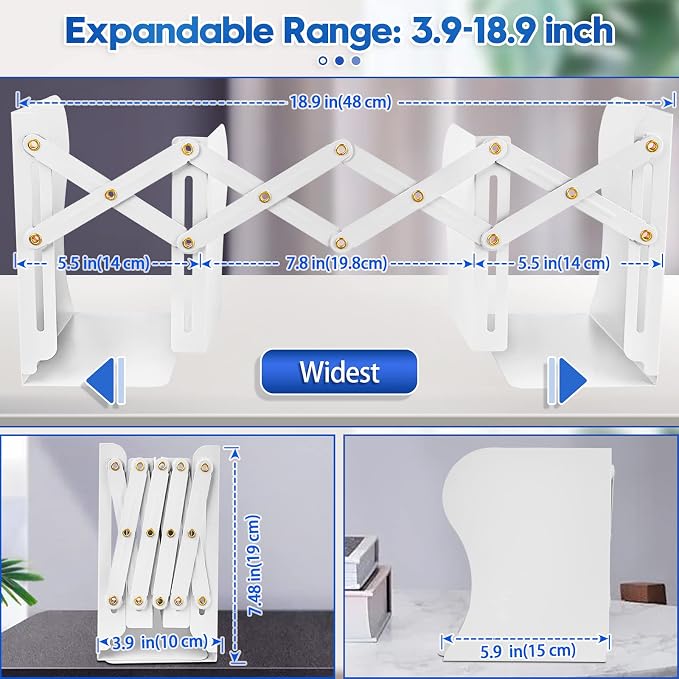 Heavy Duty Book End to Hold Books, Goihgioh Adjustable Bookends Book Organizer for Desk, Decorative Book Holders for Shelves, White Metal Book Ends for Office Home Tabletop