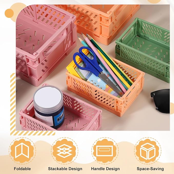 uxcell 2Pcs Small Plastic Storage Baskets, 9.6 x 6.3 x 4.1 Stackable Foldable Storage Bins with Handles Collapsible Crates for Home Office Shelves Closet Books Organizing, Light Orange