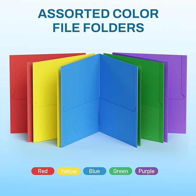 SUNEE Two Pocket Folders, 50 Pack File Folders with Business Card Slot, Assorted Colors, Textured Paper, Fit Letter Size Paper, Paper File Folder for School Office Home Business