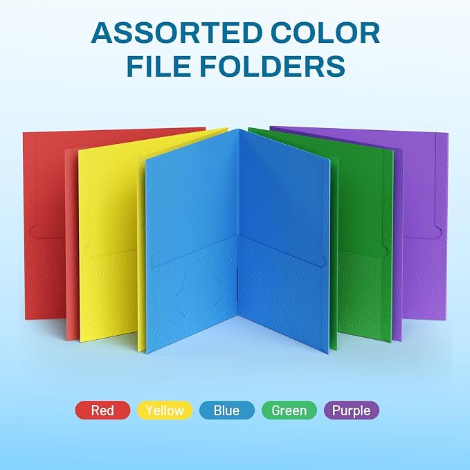 SUNEE Folders with Pockets(125 Pack, Assorted Colors), 2 Pocket Folders Fit Letter Size Paper, Paper File Folder for School Office Home Bussiness