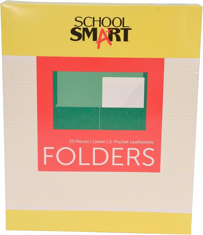 School Smart Extra-Large Folders with Pockets, 9 x 12 Inches, Green, Pack of 25