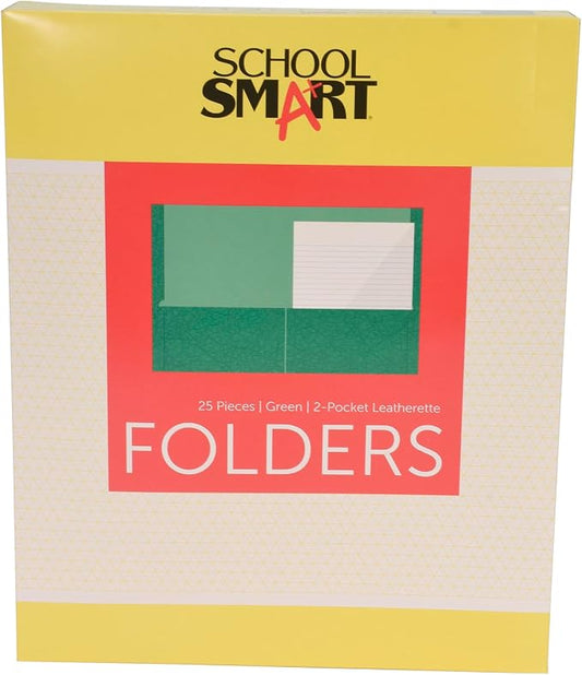 School Smart 2-Pocket Folders with No Brads, Green, Pack of 25