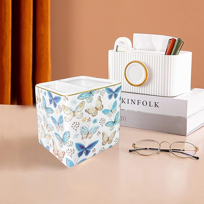Pen Holder for Desk, Ceramic 2 Compartments Gold Blue Butterfly Pencil Holder Desk Organizer Storage Desktop Accessory Office School Home Pen Cup for Countertop