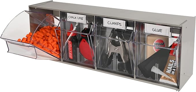 Deflecto Four-bin horizontal tilt bin storage system, 23-5/8w x 6-5/8d x 8-1/8h, Gray (20409B1PK)
