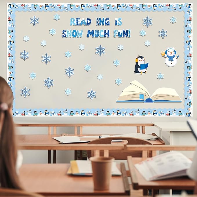 TaoBary 73 Pcs Winter Snowflake Bulletin Board Set Snowflake Penguin Snowman Umbrella Cutouts Learning is Snow Much Fun Bulletin Board Decorations for School Home Chalkboard Wall Decor (Cute)