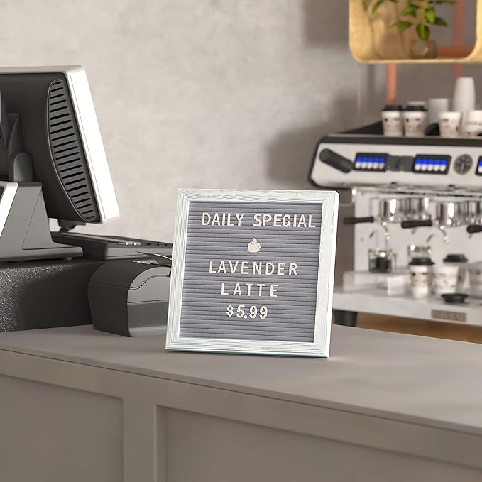HBCY Creations 10"x10" Felt Letter Board - Solid Wood Frame - White Wash - Gray Felt - 389 PP Letters Including Numbers, Symbols, Icons - Canvas Carrying Case