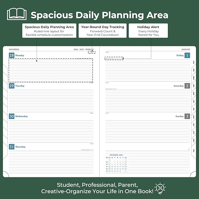Weekly Monthly 2026-2027 Planner (July 26-Dec 27),11.5"x8.5",18 Months Agenda Plan with Month Tabs & Pocket,Expenses/Note Pages, Academic Calendar with Vegan Leather Cover,Green