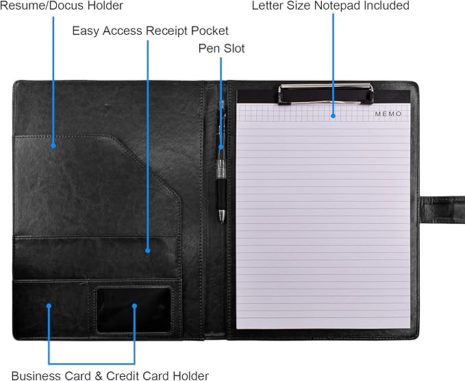 VANRA Padfolio Clipboard Folder Leather Portfolio Binder Organizer Interview Resume Folder for Papers Legal Document A4 Letter Size Writing Pad Notepad Clip Boards with Business Card Holder (Black)