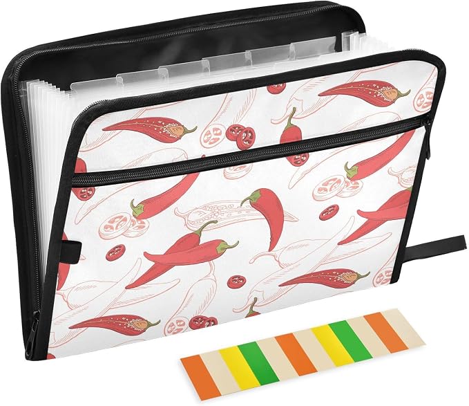 Chilli Pepper Red Sketch File Folders,Plastic Folders with 13 Pockets,Expandable File Folder for Documents School Students Office,Aesthetic Folder with Labels A4 Letter Size