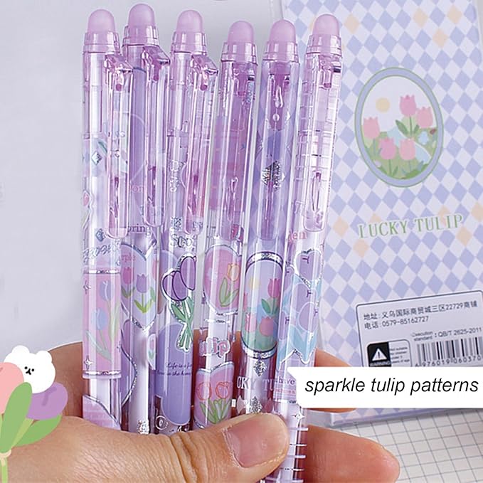 MOZXIRZ 6 Pcs Erasable Gel Ink Pens Retractable Pens Cute Flower Pen 0.5mm Fine Point Pen Office School Supplies Women Girls (Blue Ink-Tulip)