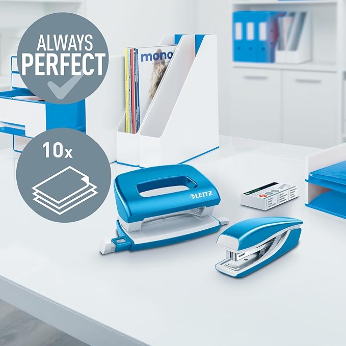 Leitz 55612036 Mini Stapler and Hole Punch Set, Staple or Punch Up to 10 Sheets, Includes P2 N°10 Staples, Wow Range, Metallic Blue