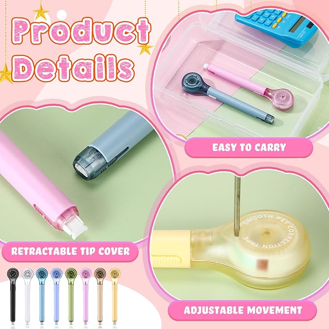 Gersoniel 10 Pack Correction Tape Pen Correctional Ink Tape Push Pull Protective, Easy to Use Applicator for School Office Supplies, 0.2 x 236 Inch(Multicolor Color)