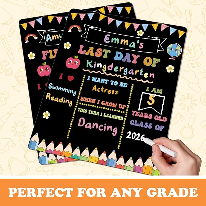 AmazingSpark First and Last Day of School Sign Board Double Sided 1st Back to School Supplies 10"x12" for Kids Preschool Kindergarten Chalk Board, Cute Crayon Retro Groovy Photo Reusable(Vintage)