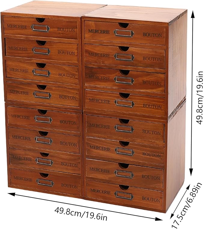 16-Drawer Wooden Storage Box, Literature Organizer 4Pcs 4-Slot Wooden Desk Drawer Unit Desktop File Holder, Craft Storage Box for Home, File Cabinet for Office, Classrooms, Cafes (Brown)