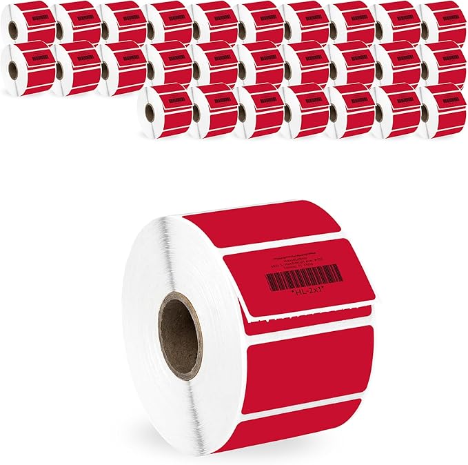 HOUSELABELS 2" x 1" Red Barcode Labels on 1" Core Compatible with Zebra and Rollo Printers, 28 Rolls / 1,300 Labels per Roll